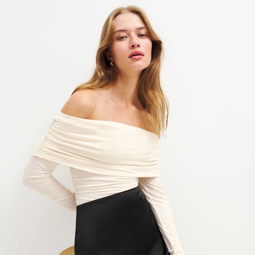 Reformation Florentina Cream Knit Cowl Neck Off-the-Shoulder Top